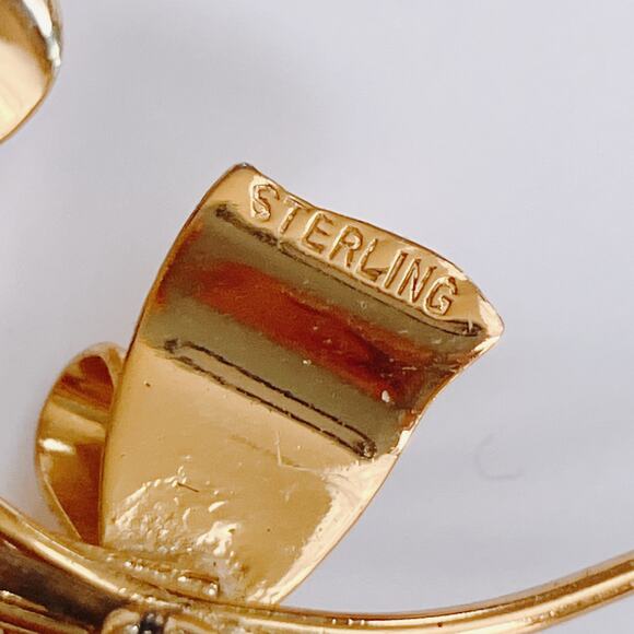 Mid Century Gold Vermeil Sterling Rhinestone Floral Spray Bow Brooch 1940s 1950s - Picture 8 of 8